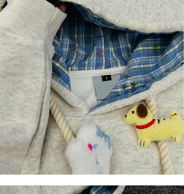 Hooded Spring and Autumn Embroidered Thin Cartoon Plus Velvet Thickened Trendy Student American Heavy Coat Loose Version Hoodie