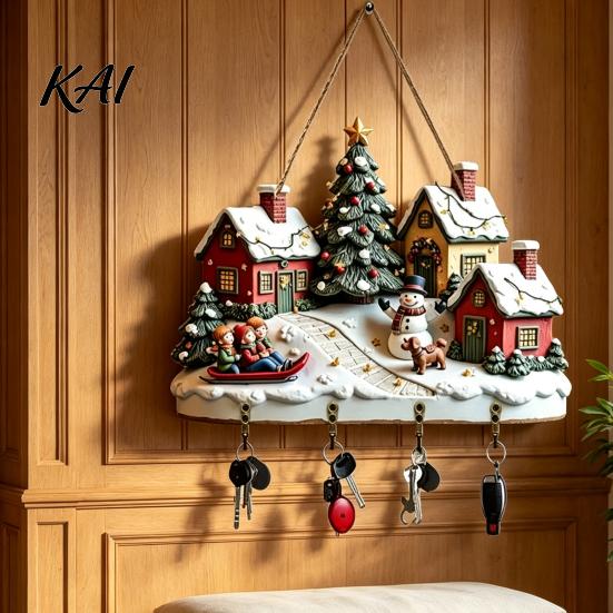 Festive Wall Hanging for Living Room Christmas Winter Village Wooden Hanging, Snow House Snowman Plaque, 4 Hook Mounted Storage Hooks Mount