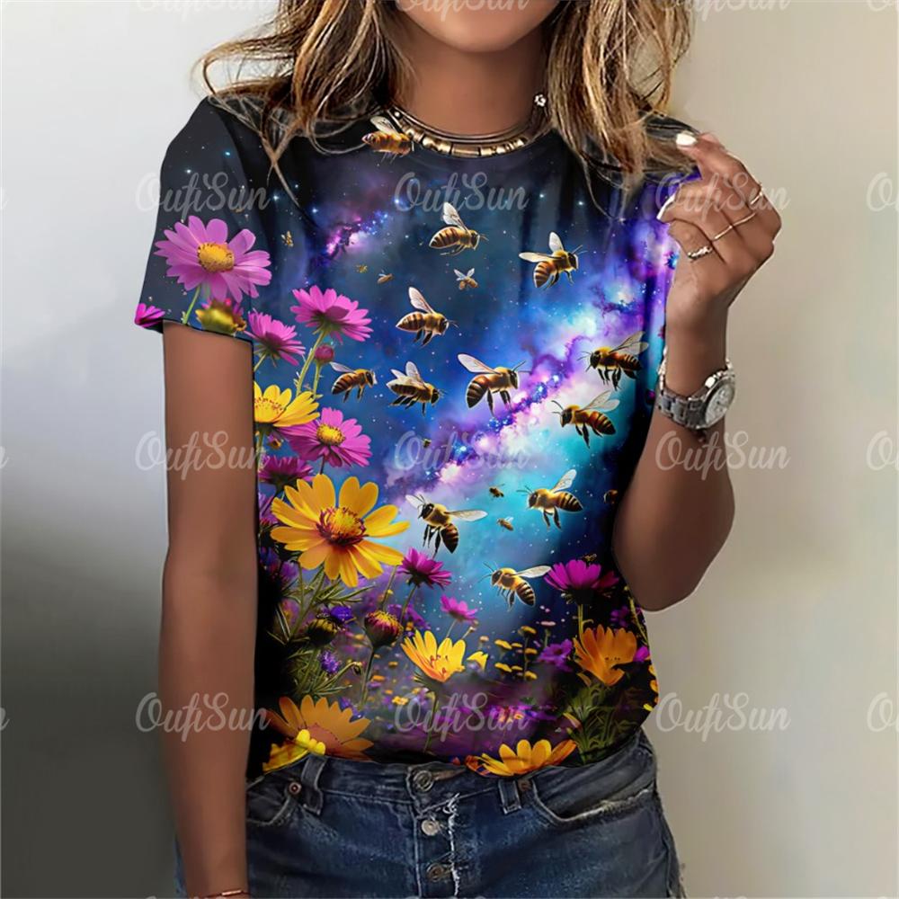 2025 Модные женские футболки, блузки с принтом пчелы, топы для женщин, базовые повседневные женские футболки с принтом, свободная женская одежда