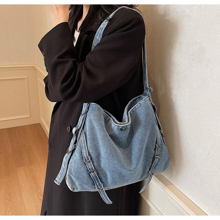 Korean Version Ins Large-capacity Bag Women's 2025 New Retro Denim Bag Texture Versatile Commuter Casual Messenger Bag