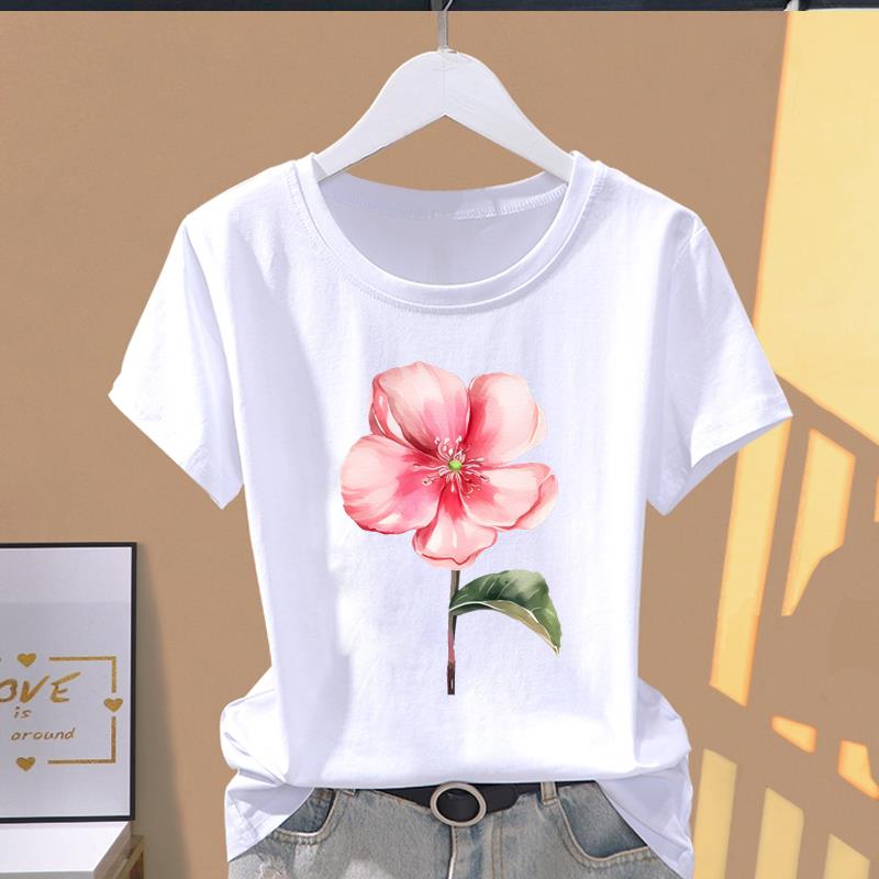 (Азиатский размер) Футболка с графическим принтом, повседневная футболка, женская повседневная футболка с принтом «Любовь, сердце, цветок», тренд, милая женская футболка с коротким рукавом