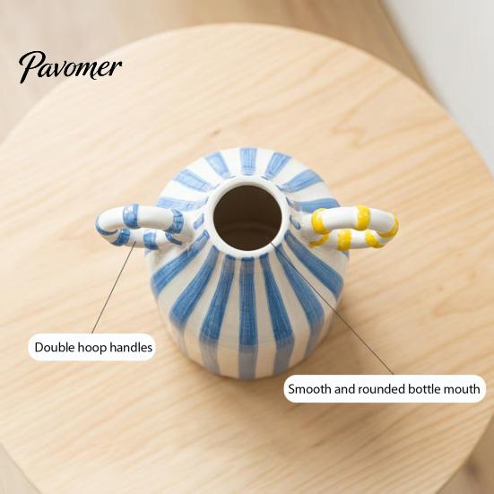 Artistic Home Atmosphere Vase Striped Ceramic Vase, Modern Glossy Hand Painted Flower with Double Fresh Cut Arrangement Ear Handles for Living