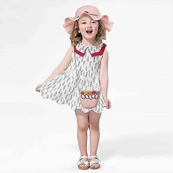 Dww-Rose-Girls' Sun Hat 2-8 Years Summer Straw Hats and Small Bag Set with Floral Decoration for Beach, Travel, Hiking