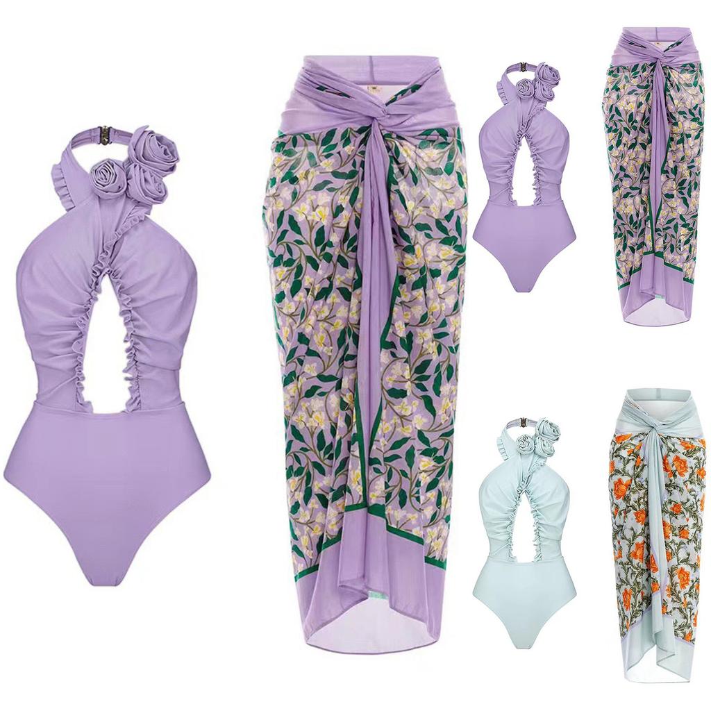 Женская мода цельный бикини сплошной цвет летающий край крест полый купальник комплект из двух предметов