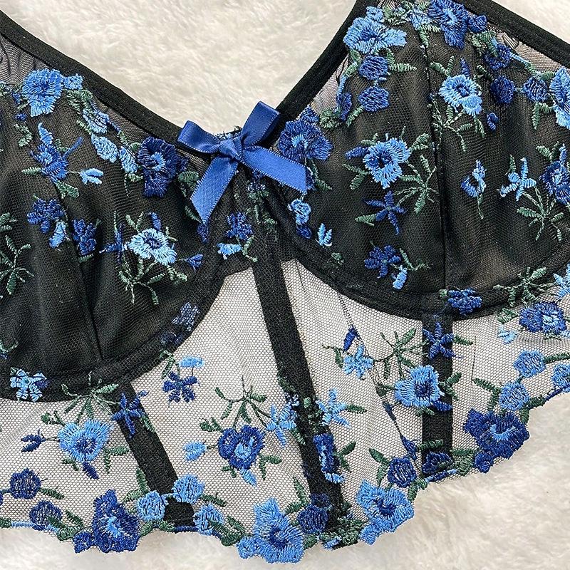 European and American Floral Mesh Sexy Breathable Adjustable Thong with Embroidered Open Cups and Three-Button Suspender