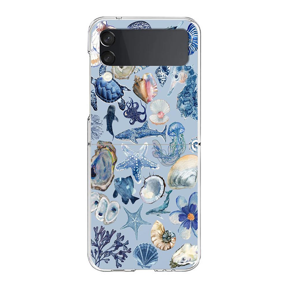 Phone Case For Samsung Galaxy Z Flip 3 4 5 Hard Folding Clear PC Bumper For Samsung Z Flip 6 Back Cover Blue Ocean Animals