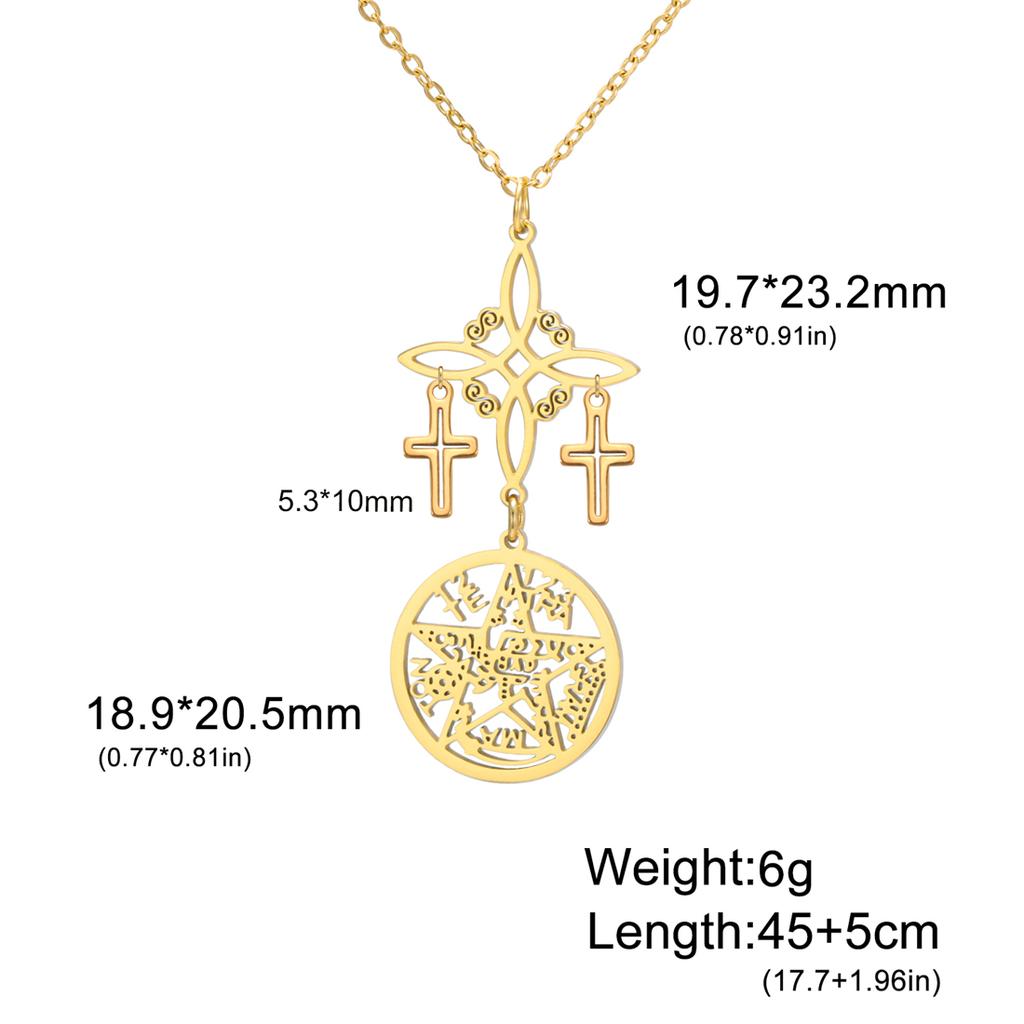 Triple Protection Necklace Cross Witch Knot Pentacle Tetragrammaton Stainless Steel Double Side Amulet Jewelry