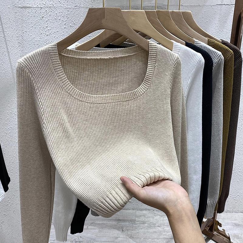 Модный короткий вязаный свитер с квадратным воротником для женщин, осень-зима, длинный рукав, рубашка, топ, однотонный простой пуловер, свитера, одежда 2576