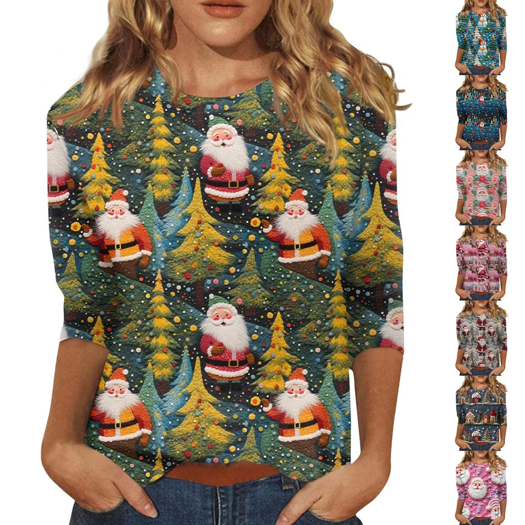 Women's Fashionable Casual Three-Quarter Sleeve Christmas Print Round Neck Top