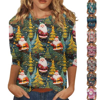 Женская модная повседневная футболка с рукавом три четверти и рождественским принтом, с круглым вырезом