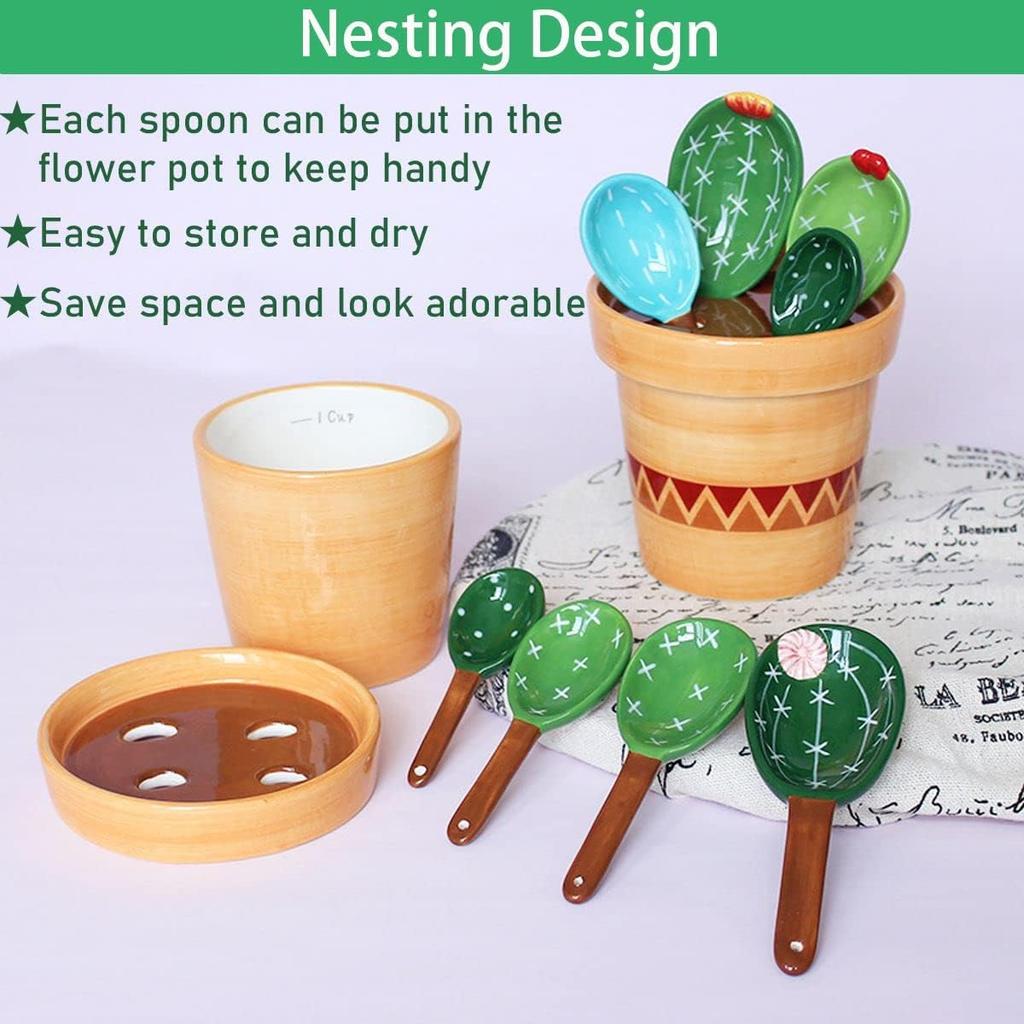 Cactus Measuring Spoons Set in Pot Unique Measuring Cups and Spoons for Coffee Salt Sugar Novelty Cute Baking Gifts Dishwasher Safe Ceramic Measuring