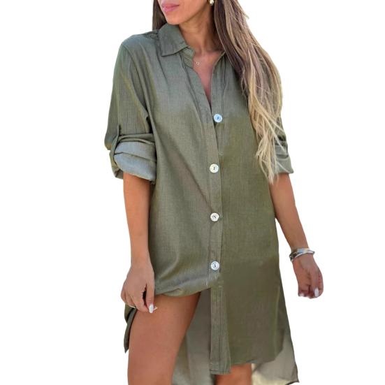 Denim Shirt Dress Shirt Collar Long Sleeves Women A-Line Style Dress Solid Color Single Breasted Knee-Length Dress