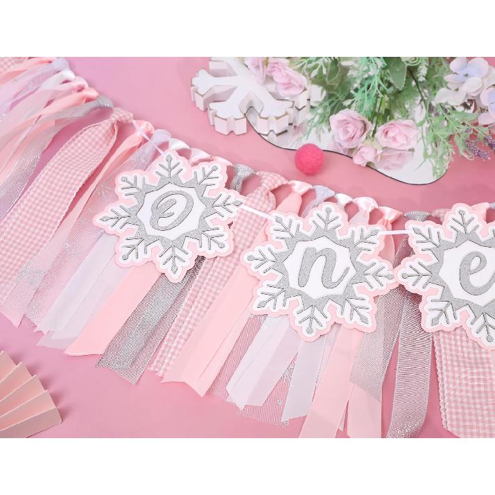 Pink Winter Onederland High Chair Banner – Winter Holiday 1st Birthday Decor, Pastel Pink and Silver Snowflake Highchair Tutu for Girl Cake Smash