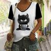 Summer Women Fashion T-shirt Cartoon Black Cat V-Neck Tops Tees Female Casual Short Sleeve Clothing Ladies Stylish Streetwear