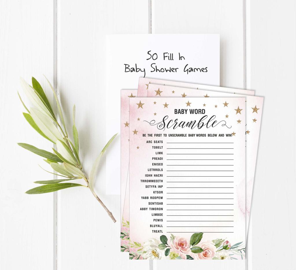 Inkdotpot Gender Reveal Floral Baby Shower Game Set Of 50 BabyA  AlphabetA  ABCA  Game Ita    s A Boy Ita    s A Girl Party