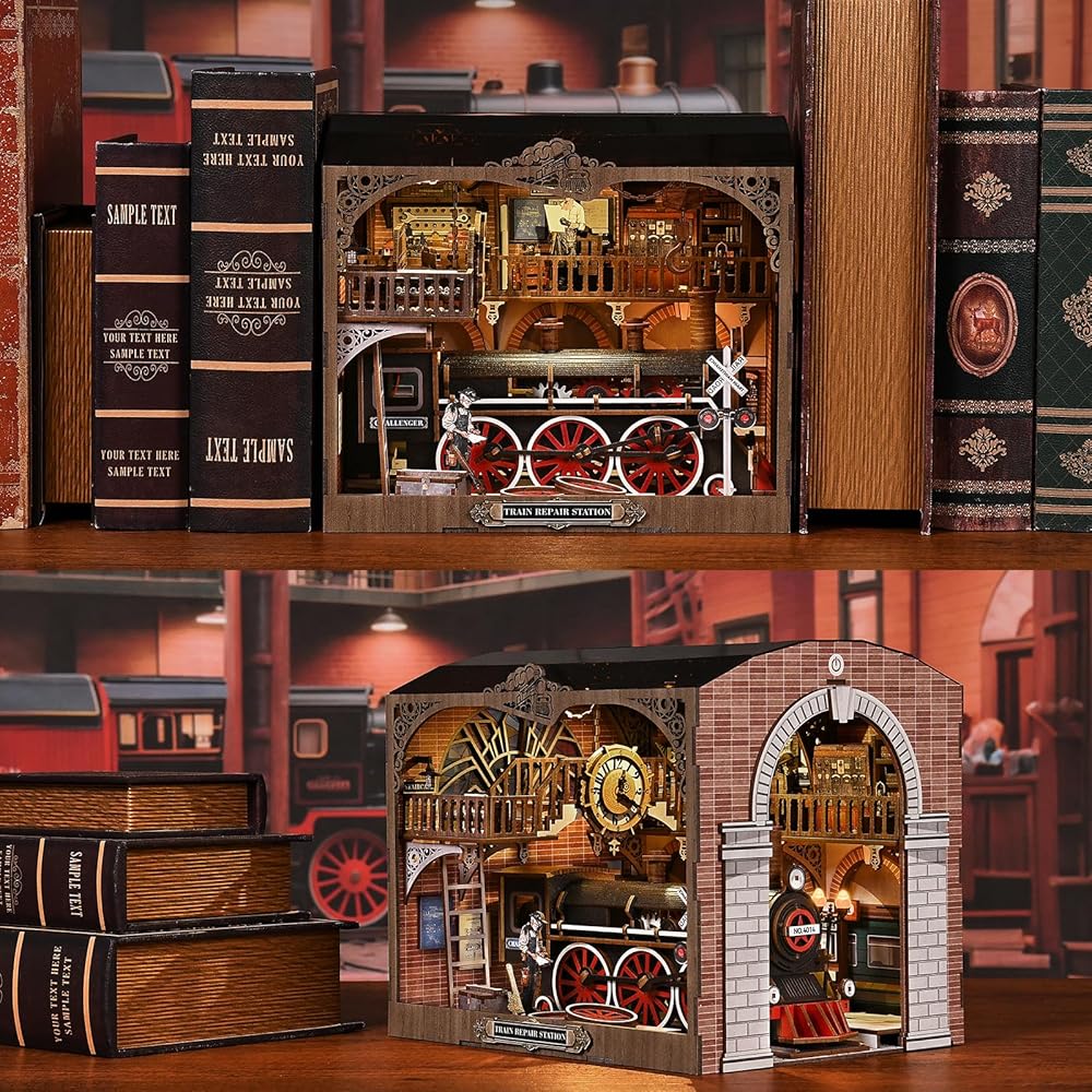 CRESYMME Кукольный домик Книжная полка Миниатюрный набор Деревянная 3D-головоломка со светодиодной подсветкой для взрослых