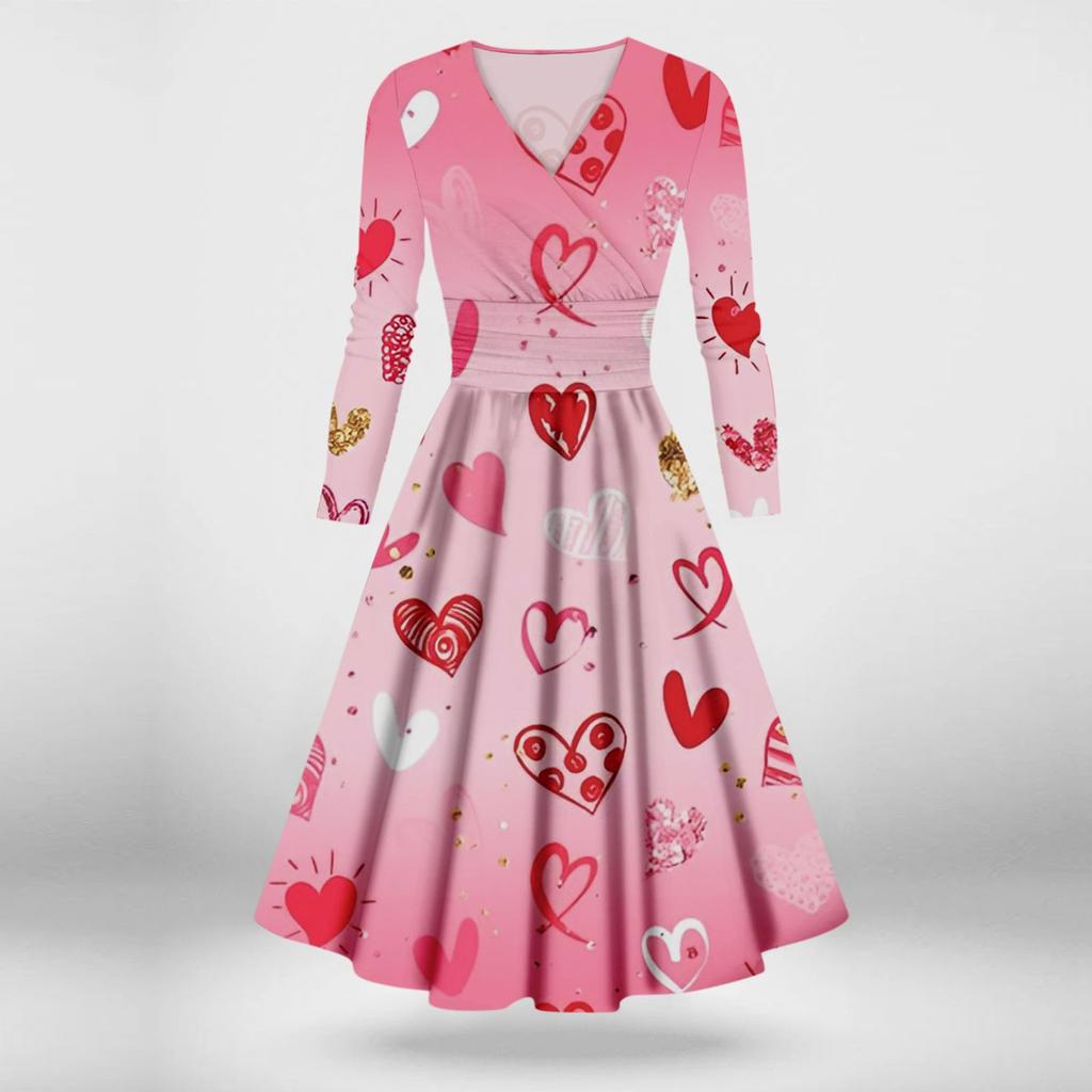 Женская мода повседневные платья на День святого Валентина с принтом, длинным рукавом и V-образным вырезом, сексуальные платья