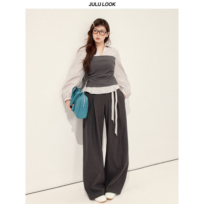 Julu Studio "West Street Magazine" Plus-Size Women's Tube Top Patchwork Plaid Shirt/Casual Pants Set
