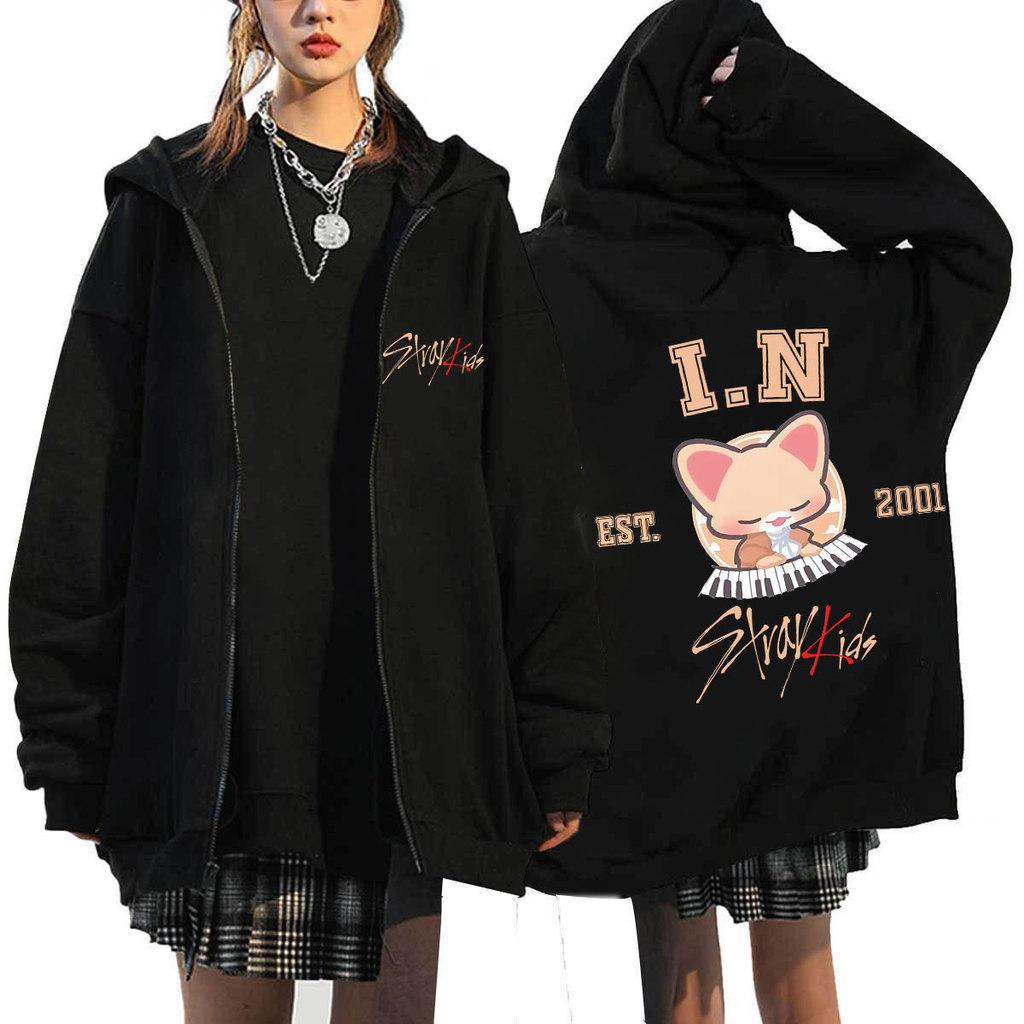 Adult Women Men Stray Kids Dominate ATZ SKZ Print Sweatshirt Loose Zipper Long Sleeves Hooded Jacket Coat Outerwear