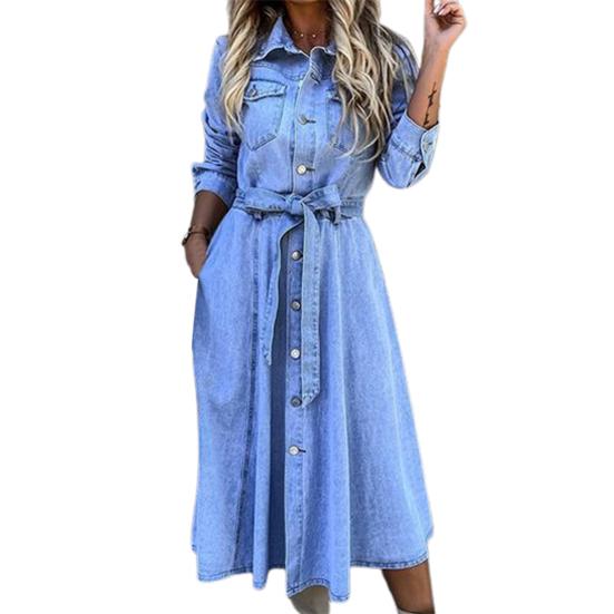 Single-Breasted High Waist Denim Dress Shrink-resistant Lapel Belt Long Sleeve Women Midi Dress Streetwear