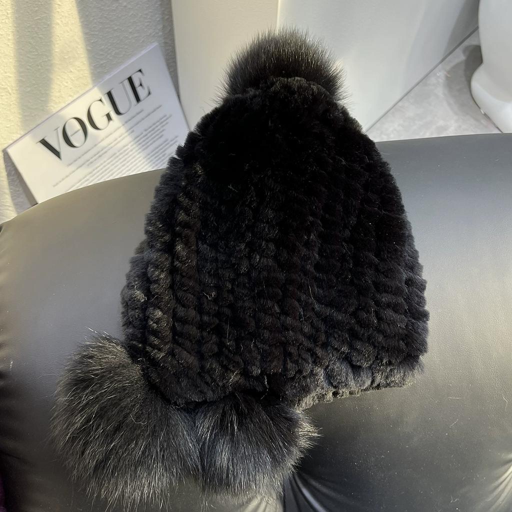 Девушка Милая Шапка из Натурального Меха Кролика Рекс Большая Шапка-Помпон из Лисьего Меха Утепленная Теплая Шапка-Ушанка Зима