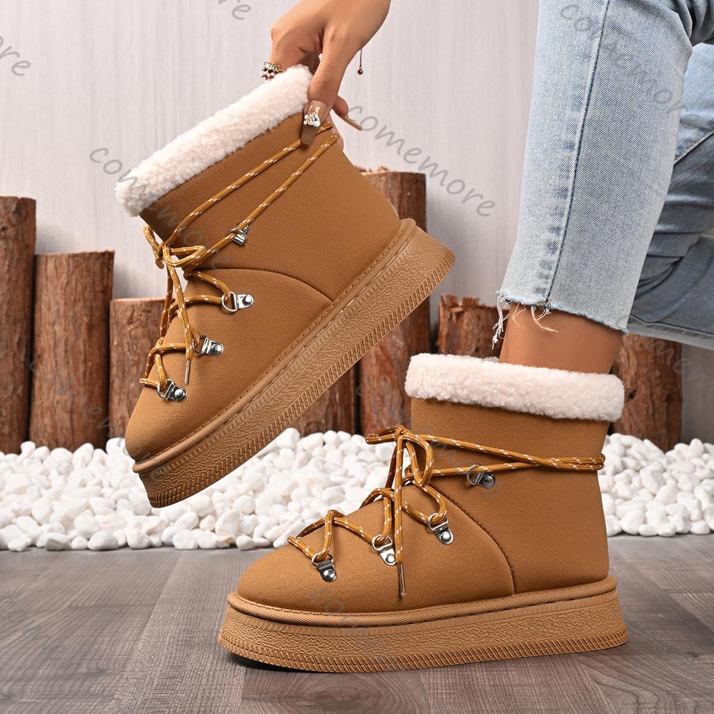 Fashion Comemore Winter Thicken Plush Warm Snow Boots for Women Plus Size 36-42 Fleece Platform Ankle Boots Lace Up Woman Cotton Shoes