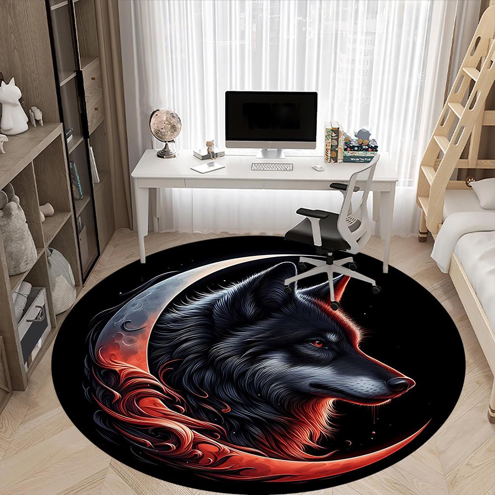 1pc Moon Wolf Office Round Area Rug, Under Office Chairs Bedroom Living Room Home Decor, Room Deco