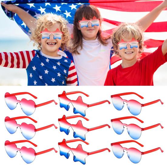 12 Pcs Independence Day Patriotic Sunglasses Rimless Red Blue White Star/Heart/Round