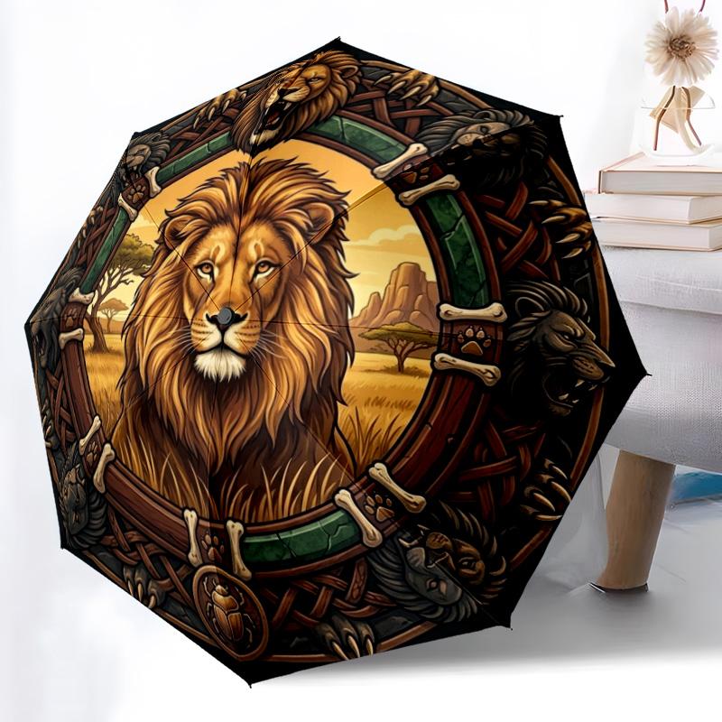 Lion Majesty Circle pattern umbrella, portable and foldable design, 8 ribs, a casual accessory for Halloween, Christmas, and birthday gifts.