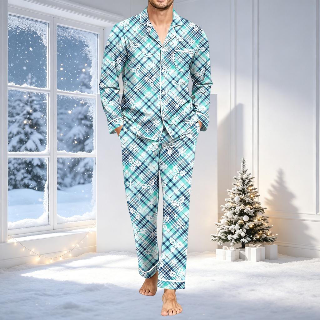 Men's Pajama Set with Shirt and Pants Loose Fit Long Sleeve Christmas Print Sleepwear