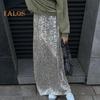 Women Maxi Skirt Elastic High Waist Shiny Sequins Long Skirt Street Style Loose Fit Skirt Night Club Stage Show Skirt