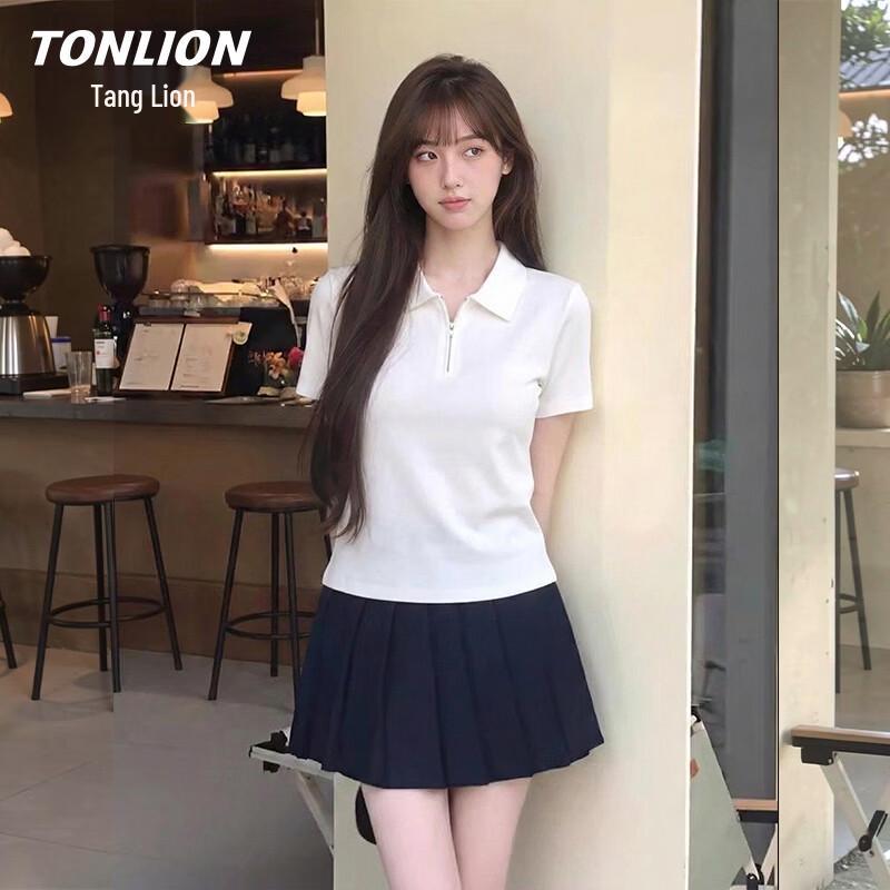 Женская плиссированная облегающая футболка-поло с коротким рукавом TonLion
