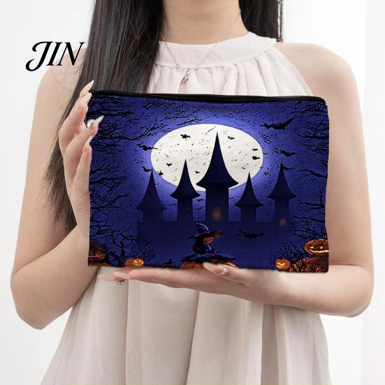 Dark Theme Zipper Bag Storage Bag, with Halloween Witch Castle Print, Large Wear-Resistant Makeup Pouch Capacity Canvas Cosmetic Organizer, for Travel