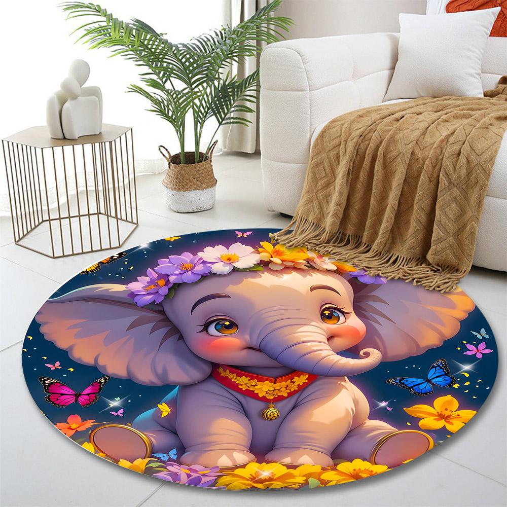 Cute Elephant with Flower Crown Print round rug, living room, bedroom, playroom carpet, non slip floor mat, gift