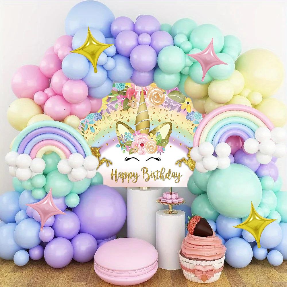 Набор цепочки из воздушных шаров Ткань-фон Единорог Оформление сцены Украшение из воздушных шаров для детской вечеринки по случаю дня рождения Воздушный шар