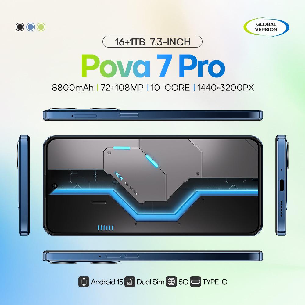 Телефон Pova7 Pro: Память 16+1 ТБ, HD-экран 7,3 дюйма, Эксклюзив для трансграничной торговли.