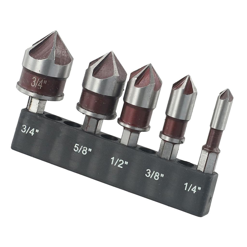 5 Piece Hex Shank 82 Degree 5 Flute Countersink Drill Bit Set For Metal Wood Plastic With Durable Construction And Reduced Vibration