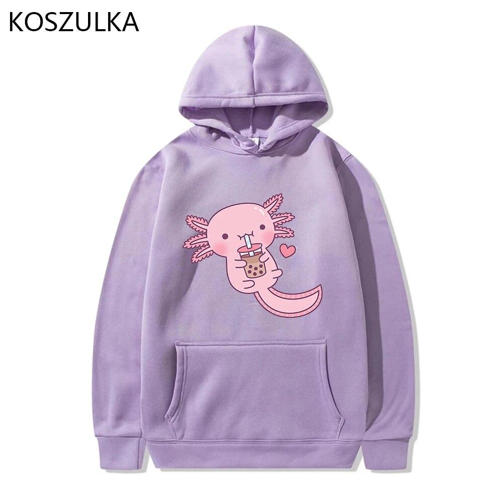 Забавные женские милые толстовки с капюшоном «Аксолотль любит пузырьковый чай» Толстовка с принтом Свободная толстовка с капюшоном большого размера с мультяшным принтом Уличная одежда Розовая одежда