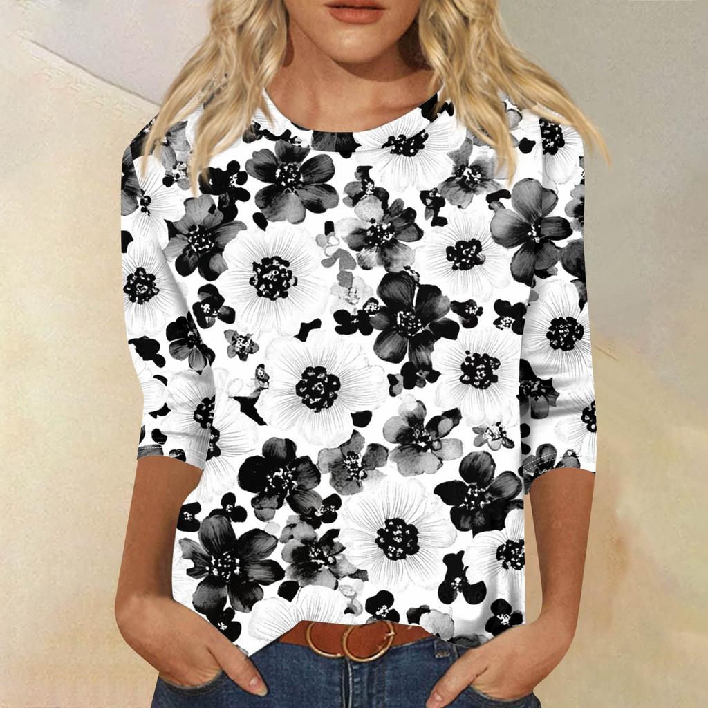 Women's Fashion Casual Seven Sleeve Printed Round Neck T-Shirt Top