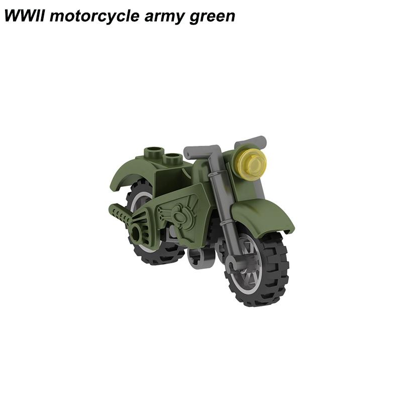 Военные WW2 Moto Three Rounds Мотоцикл Транспортное средство Инструмент Автомобиль Армия Фигурки Аксессуары Строительные блоки Игрушки Для детей Наборы MOC