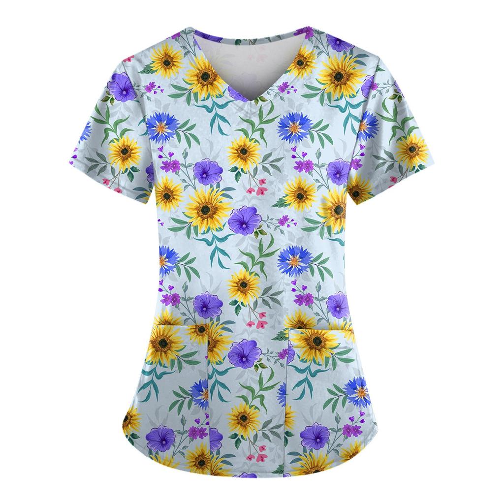 Женские футболки с персонализированным милым принтом, топ с v-образным вырезом и короткими рукавами, рабочая форма, топы с карманами