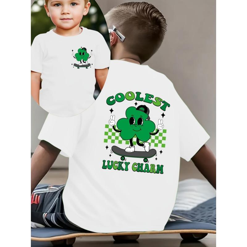 European sizes Summer Boys' Fashion Short-Sleeve T-Shirt "COOLEST LUCKY CHARM" Lettering with Cartoon Prints of a Four-Leaf Clover