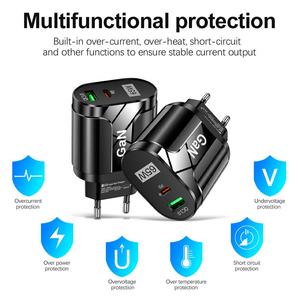 GaN 65W PD USB Type C Charger Mobile Phone Quick Charge Type C Wall Charger For iPhone Xiaomi Samsung EU/US Plug Charger