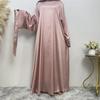 Dubai Hot Sale Solid Color Lace-Up Satin Muslim Dress (Large Size) - 6622