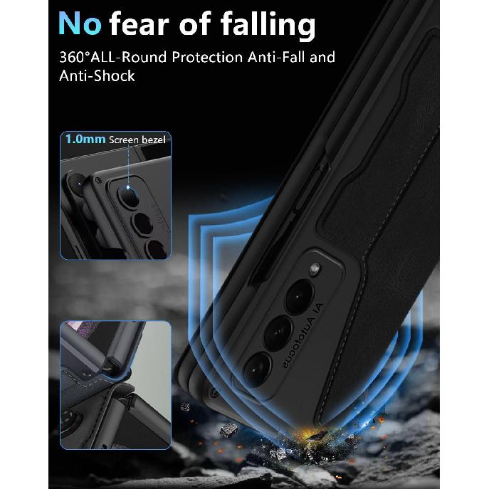 for Samsung Galaxy Z Fold 4 Case [with S Pen Holder & Card Holder][Kickstand for Full Screen Viewing][Wireless Charging Protective Cover] Slim PU