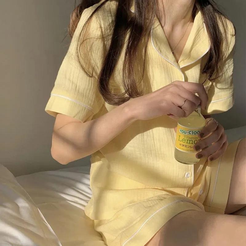 Women's Pajamas Homewear Sets Summer Short-Sleeved Shorts Sweet Simple Lapel Cardigan Loose Student Girls Casual Homewear Sets