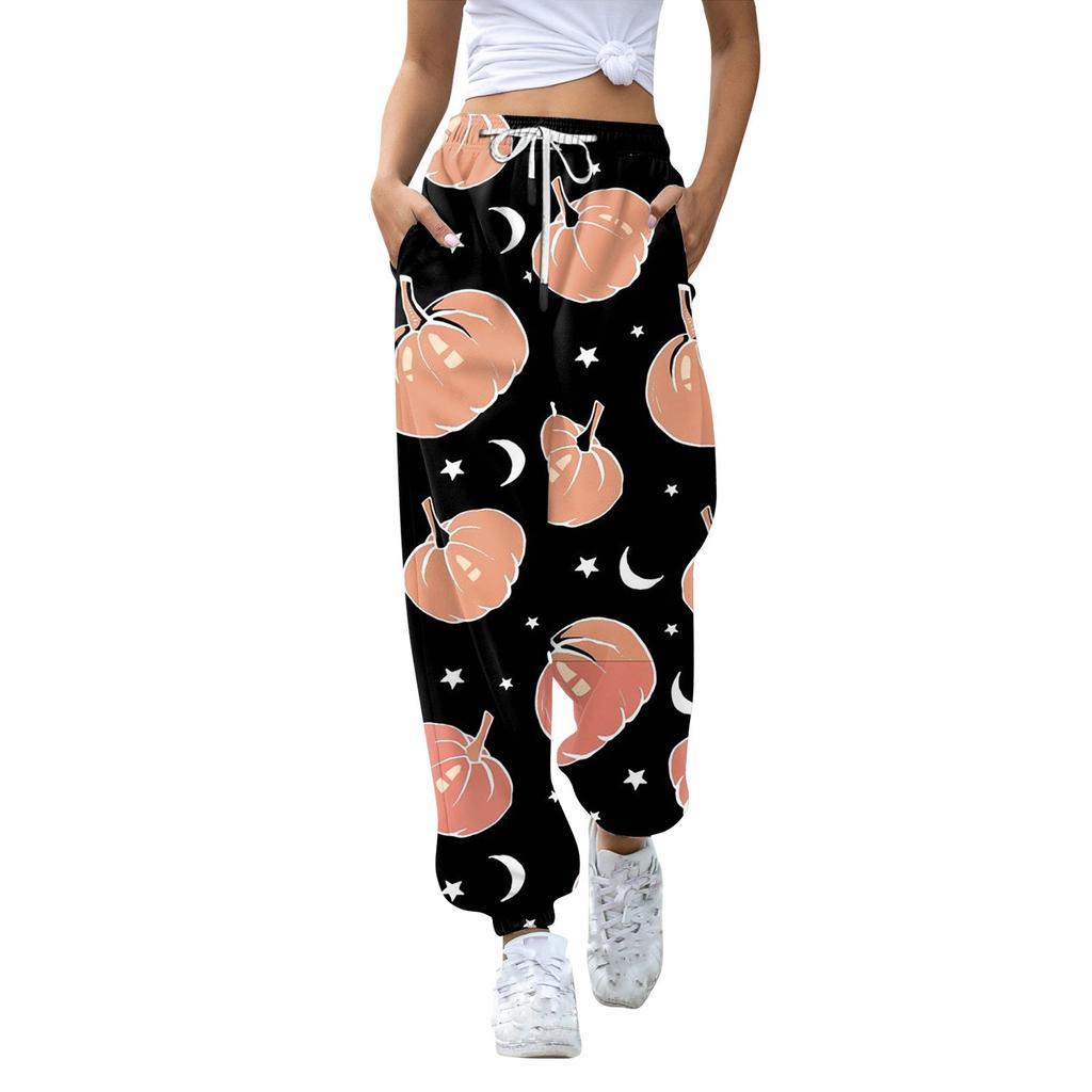 Женские повседневные модные брюки для отдыха с принтом на Хэллоуин, спортивные штаны, брюки с эластичной резинкой на талии, брюки со шнурком