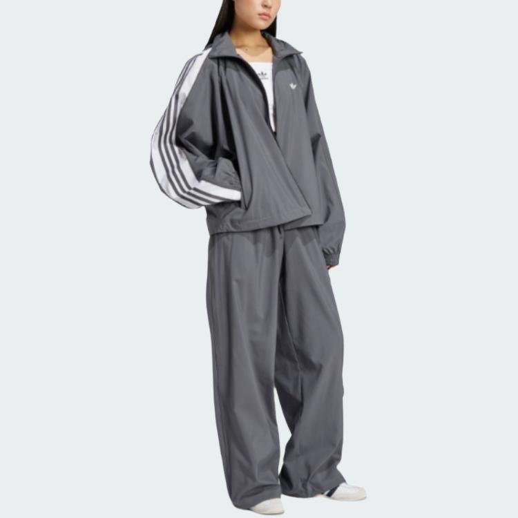 adidas Удобная женская куртка с застежкой-молнией и воротником-стойкой Originals Logo Stripes, темно-серая JY8879