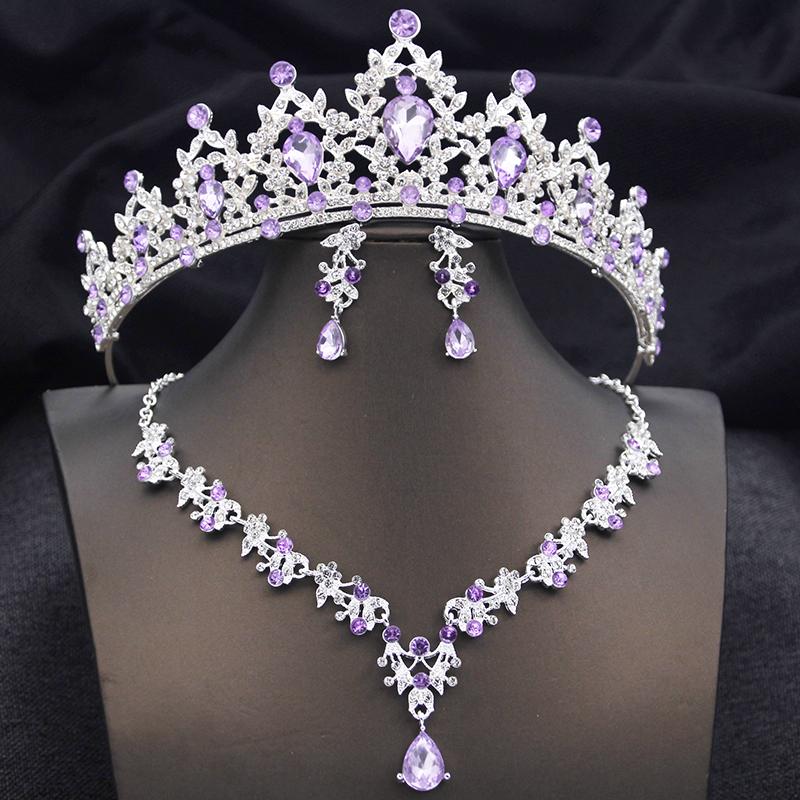 Opal Blue Tiaras Sets Bridal Jewelry Set for Princess Wedding Crown and Necklace Earring Prom Birthday Dress Costume Accessories