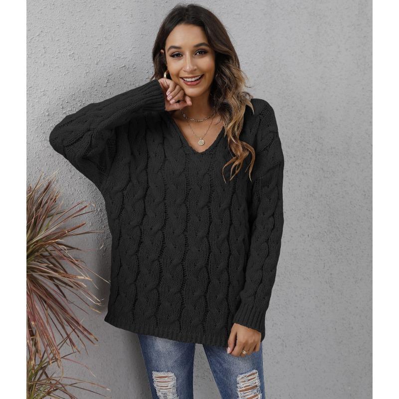 Autumn and Winter Women's Thickened Twist Knit V-Neck Hooded Loose Pullover Sweater